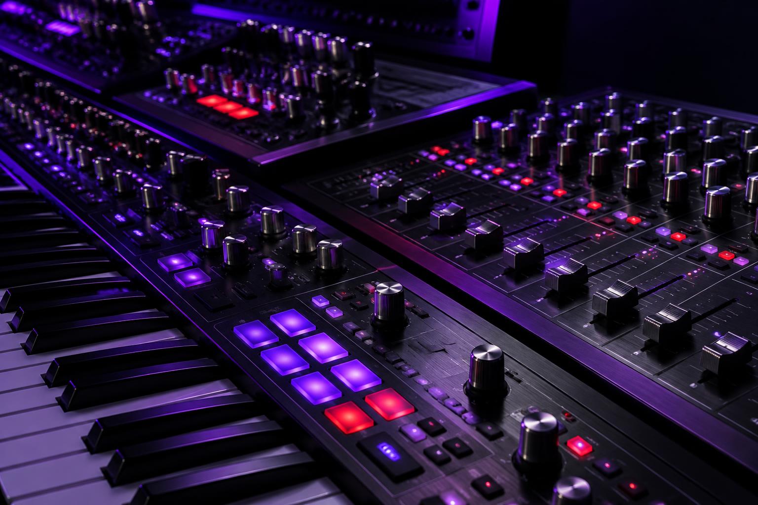Synthesizer keys and an electronic music mixing desk